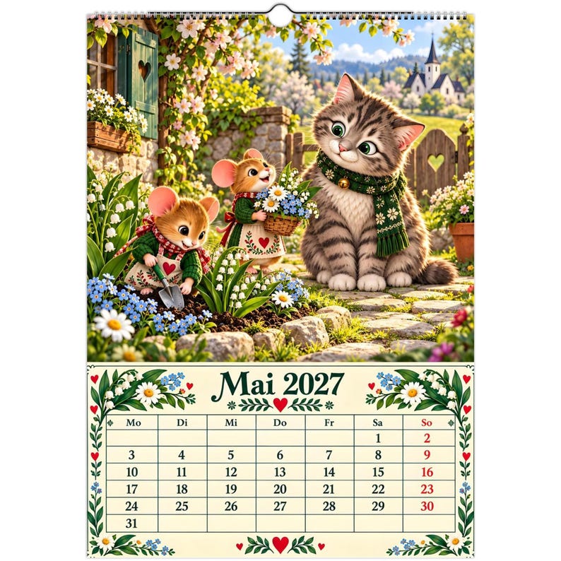 Mouse Cottage Calendar 2027 – A3 Wall Calendar with Mice & Cat, Whimsical Woodland Illustrations, German Calendar image 5