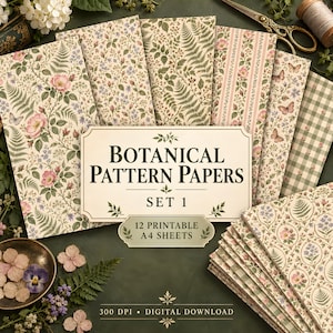 Vintage Botanical Digital Paper - 12 A4 Printable Floral Patterns for Scrapbooking & Junk Journals