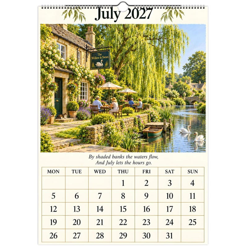 Calendario de pared de Oxfordshire 2027, A3. Escenas de pueblos ingleses con poesía, tiendas rurales y paisajes campestres. imagen 2