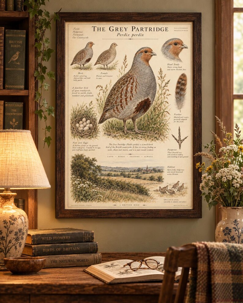 Peut inclure: Une affiche &eacute;ducative encadr&eacute;e intitul&eacute;e The Grey Partridge Perdix perdix pr&eacute;sentant des illustrations d&eacute;taill&eacute;es de l'oiseau, de ses &oelig;ufs dans un nid, d'une plume, d'une empreinte et de son habitat naturel, avec du texte descriptif.