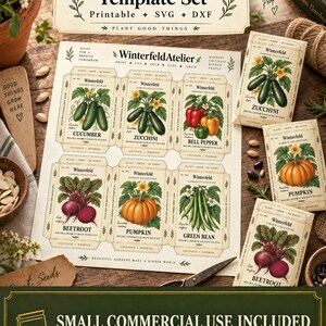 May include: A vintage seed packet template set featuring printable, SVG, and DXF files. The sheet displays six distinct designs for cucumber, zucchini, bell pepper, beetroot, pumpkin, and green bean, each with botanical illustrations and text.
