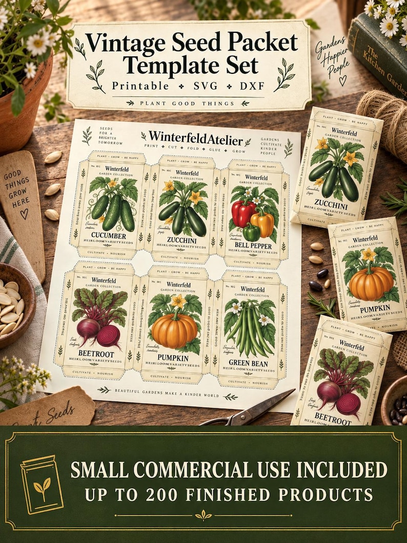 May include: A vintage seed packet template set featuring printable, SVG, and DXF files. The sheet displays six distinct designs for cucumber, zucchini, bell pepper, beetroot, pumpkin, and green bean, each with botanical illustrations and text.