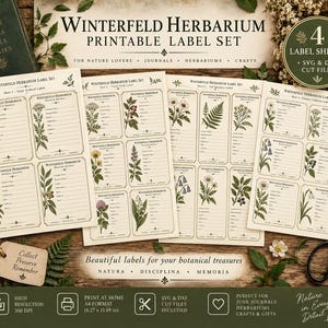 May include: Four sheets of Winterfeld Herbarium printable labels featuring botanical illustrations of various plants and flowers. Each label includes blank fields for scientific data. The set includes SVG and DXF cut files for A4 format printing.