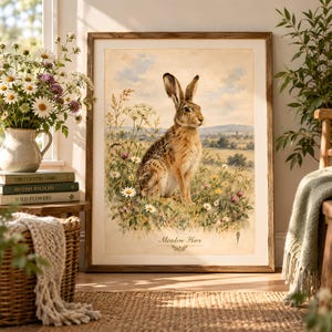 Puede incluir: Una lámina de arte enmarcada titulada Meadow Hare que muestra una liebre marrón sentada en un campo de flores silvestres y hierbas. La ilustración representa un paisaje rural con un cielo suave, colinas verdes y margaritas blancas. El texto Meadow Hare aparece en la parte inferior.