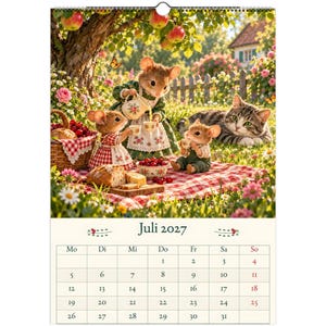 Mouse Cottage Calendar 2027 – A3 Wall Calendar with Mice & Cat, Whimsical Woodland Illustrations, German Calendar image 2