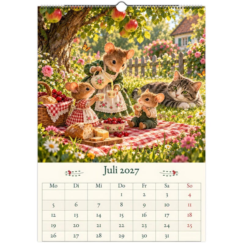 Mouse Cottage Calendar 2027 – A3 Wall Calendar with Mice & Cat, Whimsical Woodland Illustrations, German Calendar image 2