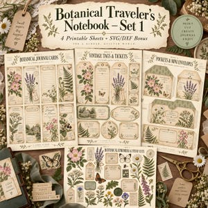 Może przedstawiać: Kolekcja arkuszy do botanicznego dziennika z etykietami, biletami, kieszonkami, mini kopertami i efemerydami w stylu vintage. Strony zawierają ilustracje lawendy, paproci i polnych kwiatów z tekstem Botanical Traveler's Notebook.