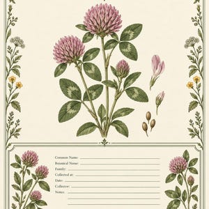 May include: A botanical print titled Red Clover Trifolium pratense from the Winterfeld Herbarium Collection. The illustration features pink clover flowers, green leaves, and seeds, framed by floral borders with blank lines for notes.