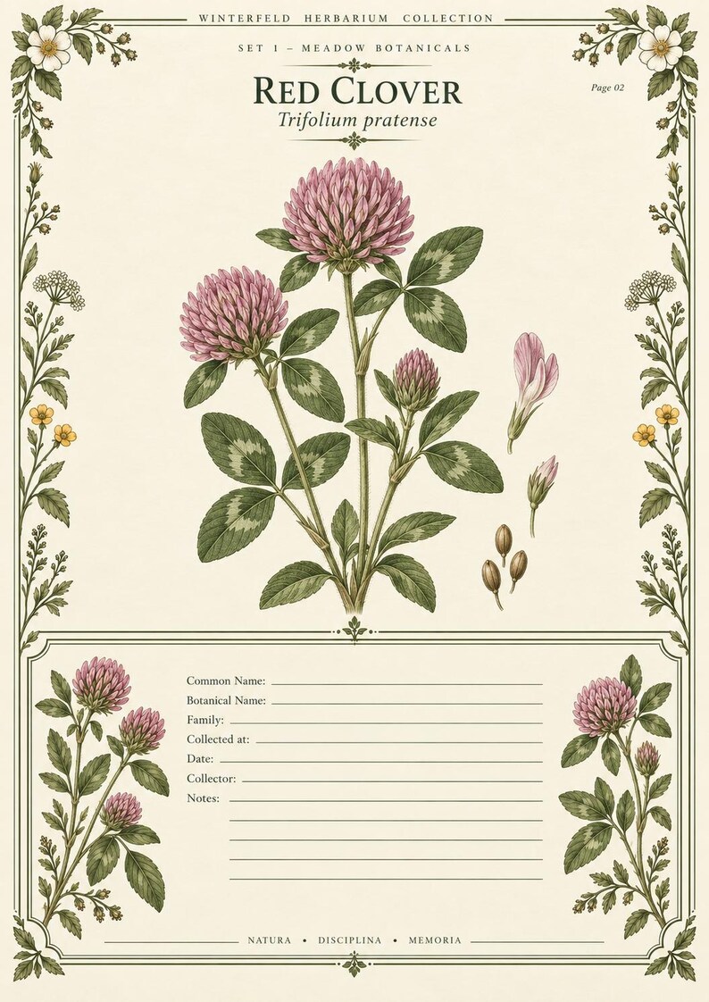 May include: A botanical print titled Red Clover Trifolium pratense from the Winterfeld Herbarium Collection. The illustration features pink clover flowers, green leaves, and seeds, framed by floral borders with blank lines for notes.