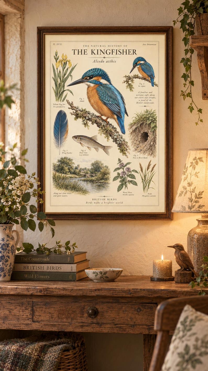 May include: A framed vintage-style educational poster titled The Kingfisher, featuring detailed illustrations of the bird, a fish, a feather, a river landscape, and various plants with descriptive text labels in a cream-colored background.