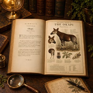 Puede incluir: Un libro antiguo abierto titulado The Natural History of The Okapi, con ilustraciones detalladas del animal, su pezuña, un cráneo y follaje. El texto describe los rasgos físicos y el hábitat del okapi en la República del Congo.