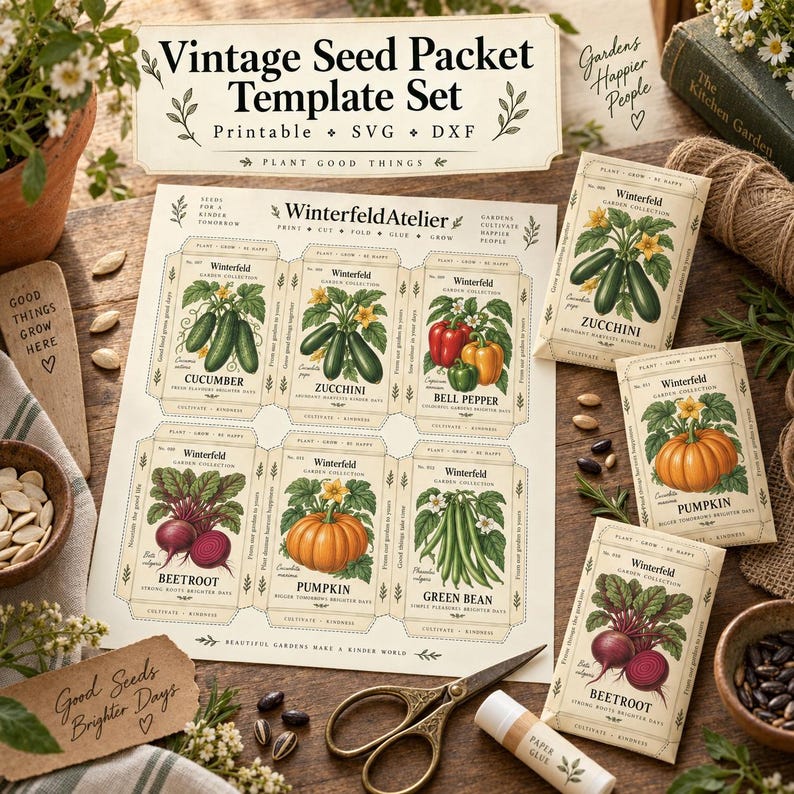 May include: A printable seed packet template set featuring vintage-style illustrations of vegetables including zucchini, bell peppers, pumpkins, beets, and green beans. The sheet includes text labels for each plant and the WinterfeldAtelier brand name.
