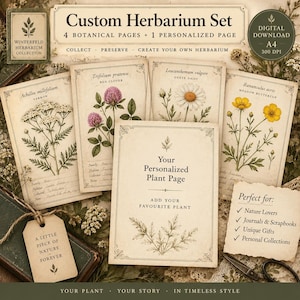 May include: A digital download set titled Custom Herbarium Set featuring four botanical pages with illustrations of yarrow, red clover, oxeye daisy, and meadow buttercup, plus one personalized plant page, all presented in a vintage style.