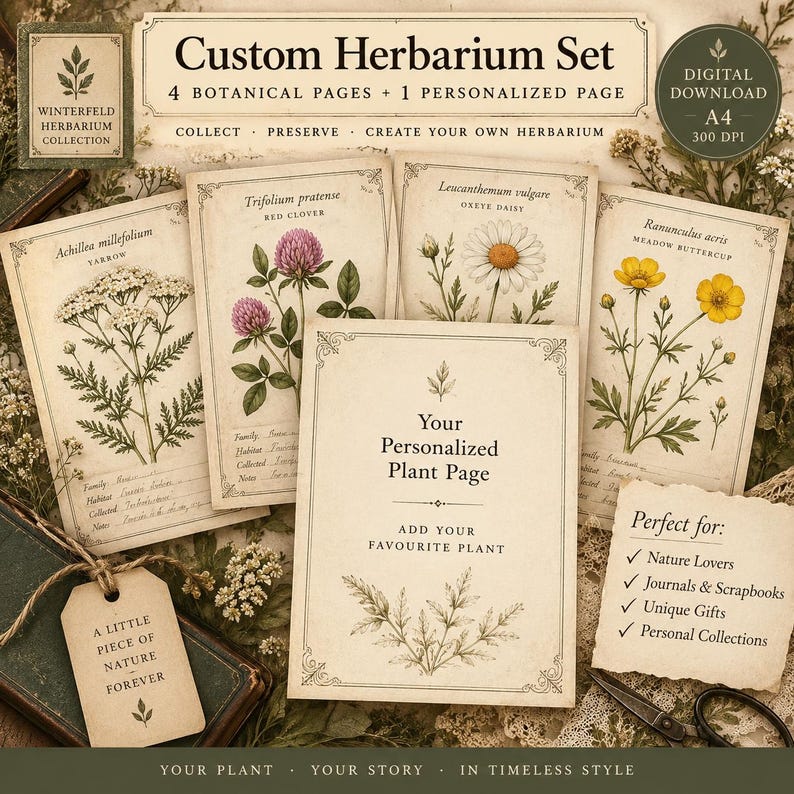 May include: A digital download set titled Custom Herbarium Set featuring four botanical pages with illustrations of yarrow, red clover, oxeye daisy, and meadow buttercup, plus one personalized plant page, all presented in a vintage style.