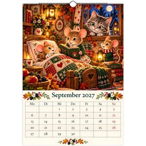Mouse Cottage Calendar 2027 – A3 Wall Calendar with Mice & Cat, Whimsical Woodland Illustrations, German Calendar image 3