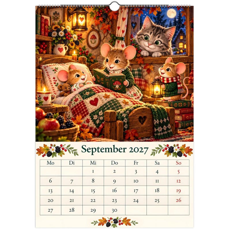 Mouse Cottage Calendar 2027 – A3 Wall Calendar with Mice & Cat, Whimsical Woodland Illustrations, German Calendar image 3