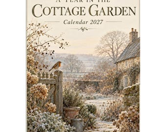 Puede incluir: Un calendario de pared titulado A Year in the Cottage Garden Calendar 2027. La portada muestra una escena con una casa de piedra, una valla de madera, una regadera de metal y un pequeño pájaro posado en un poste en un jardín escarchado.