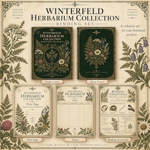 May include: A Winterfeld Herbarium Collection binding set featuring a dark green front cover with botanical illustrations, a matching back cover, a title page, an index page, and a binding essentials guide with diagrams on a cream background.
