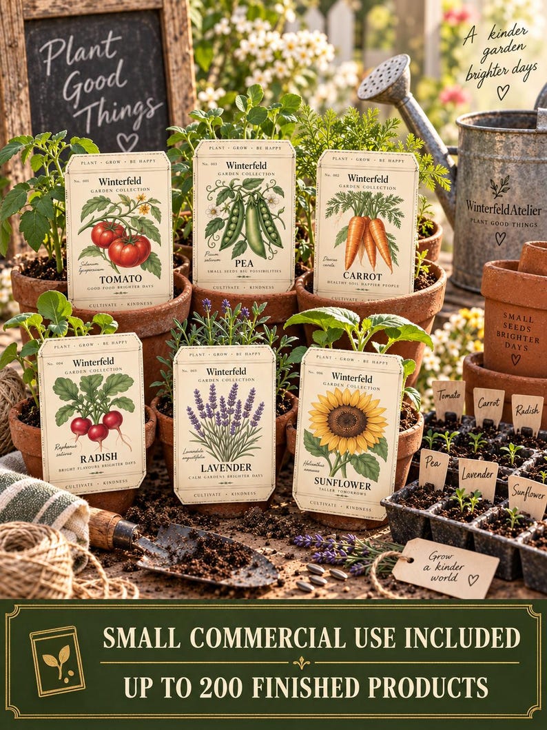 May include: A collection of six rectangular seed packets featuring botanical illustrations of tomato, pea, carrot, radish, lavender, and sunflower. Each packet displays the Winterfeld Garden Collection branding, plant names, and descriptive text.