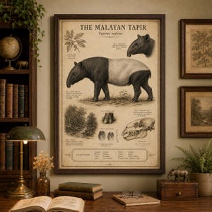 Puede incluir: Un póster educativo enmarcado de estilo vintage titulado The Malayan Tapir, Tapirus indicus. Presenta una gran ilustración central de un tapir, un cráneo, una pezuña, una escena de hábitat y texto de clasificación científica sobre un fondo beige.
