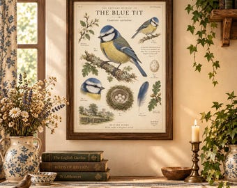 Peut inclure: Une affiche éducative encadrée intitulée The Natural History of the Blue Tit, présentant des illustrations détaillées de l'oiseau, de son nid avec des œufs, d'une plume et d'un paysage. Le texte scientifique est sur fond crème.
