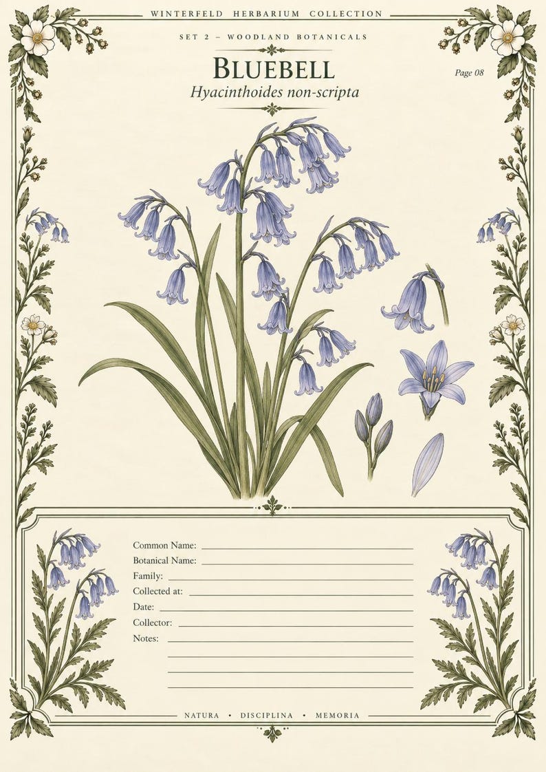May include: A botanical print titled Winterfeld Herbarium Collection Set 2 Woodland Botanicals featuring a bluebell Hyacinthoides non-scripta illustration. The page includes a central flower cluster, detailed floral borders, and a data entry section.