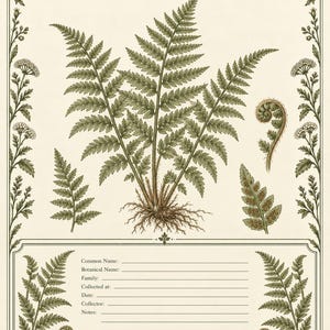 May include: A botanical print titled Winterfeld Herbarium Collection Set 2 Woodland Botanicals Page 05 Fern. The cream-colored page features a detailed green fern illustration, a fiddlehead, and a spore-bearing leaf, framed by floral borders.