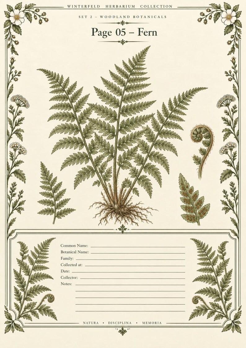 May include: A botanical print titled Winterfeld Herbarium Collection Set 2 Woodland Botanicals Page 05 Fern. The cream-colored page features a detailed green fern illustration, a fiddlehead, and a spore-bearing leaf, framed by floral borders.