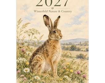 May include: A 2027 wall calendar titled Winterfeld Nature & Country featuring a brown hare sitting in a meadow filled with white and pink wildflowers. The illustration shows a rural landscape with rolling hills under a soft sky.
