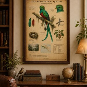 Puede incluir: Un p&oacute;ster educativo enmarcado titulado The Resplendent Quetzal, que presenta una ilustraci&oacute;n detallada del ave posada en una rama cubierta de musgo, junto a diagramas de sus plumas, pata, nido, huevo, dieta, h&aacute;bitat, mapa y clasificaci&oacute;n.