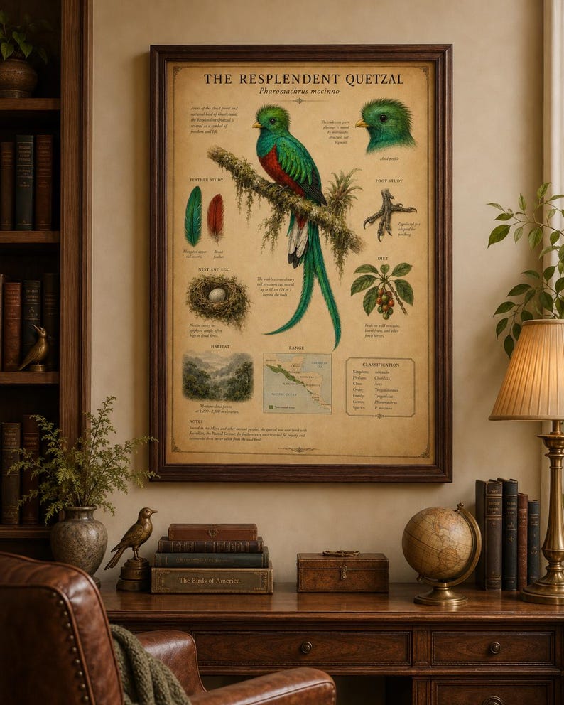 Puede incluir: Un p&oacute;ster educativo enmarcado titulado The Resplendent Quetzal, que presenta una ilustraci&oacute;n detallada del ave posada en una rama cubierta de musgo, junto a diagramas de sus plumas, pata, nido, huevo, dieta, h&aacute;bitat, mapa y clasificaci&oacute;n.