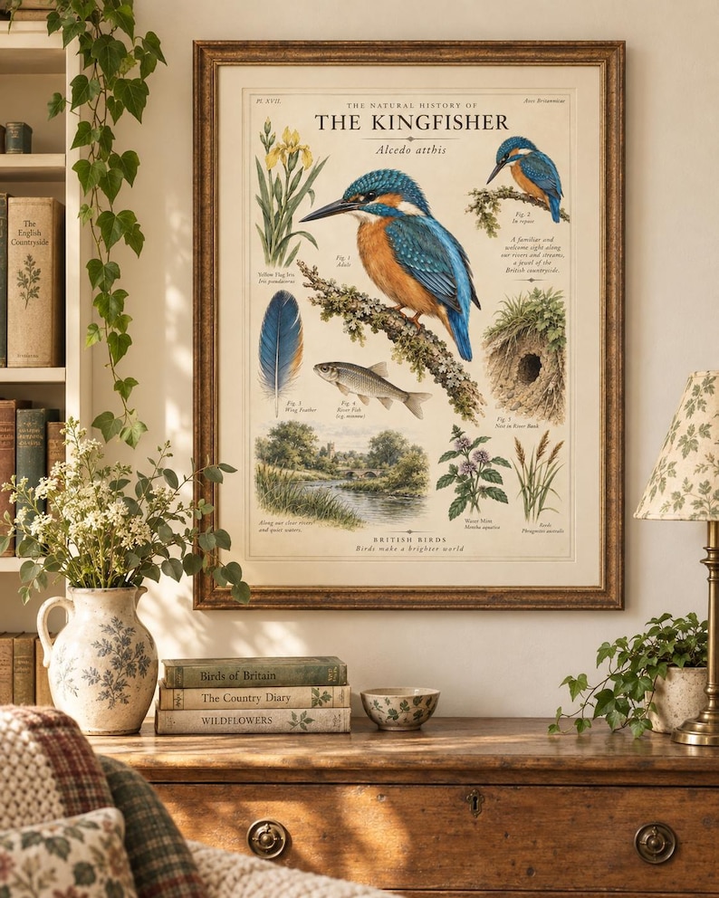 May include: A framed educational wall print titled The Natural History of The Kingfisher, featuring detailed illustrations of the bird, a feather, a fish, a river landscape, and plants, all labeled with scientific and common names in black text.