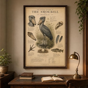 Puede incluir: Un póster educativo enmarcado de estilo vintage titulado The Natural History of The Shoebill, que presenta ilustraciones detalladas en blanco y negro del ave, su cráneo, plumas, pata, un huevo y un pez sobre un fondo de pergamino beige.