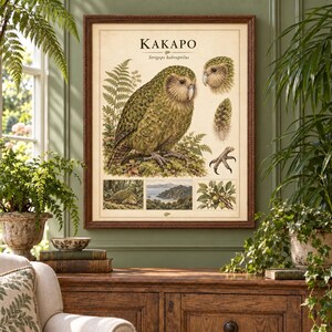 Puede incluir: Una l&aacute;mina art&iacute;stica enmarcada titulada KAKAPO Strigops habroptilus, que muestra un gran loro verde, un primer plano de su cabeza, una pluma, una pata de ave y tres ilustraciones m&aacute;s peque&ntilde;as de paisajes y plantas sobre un fondo crema.