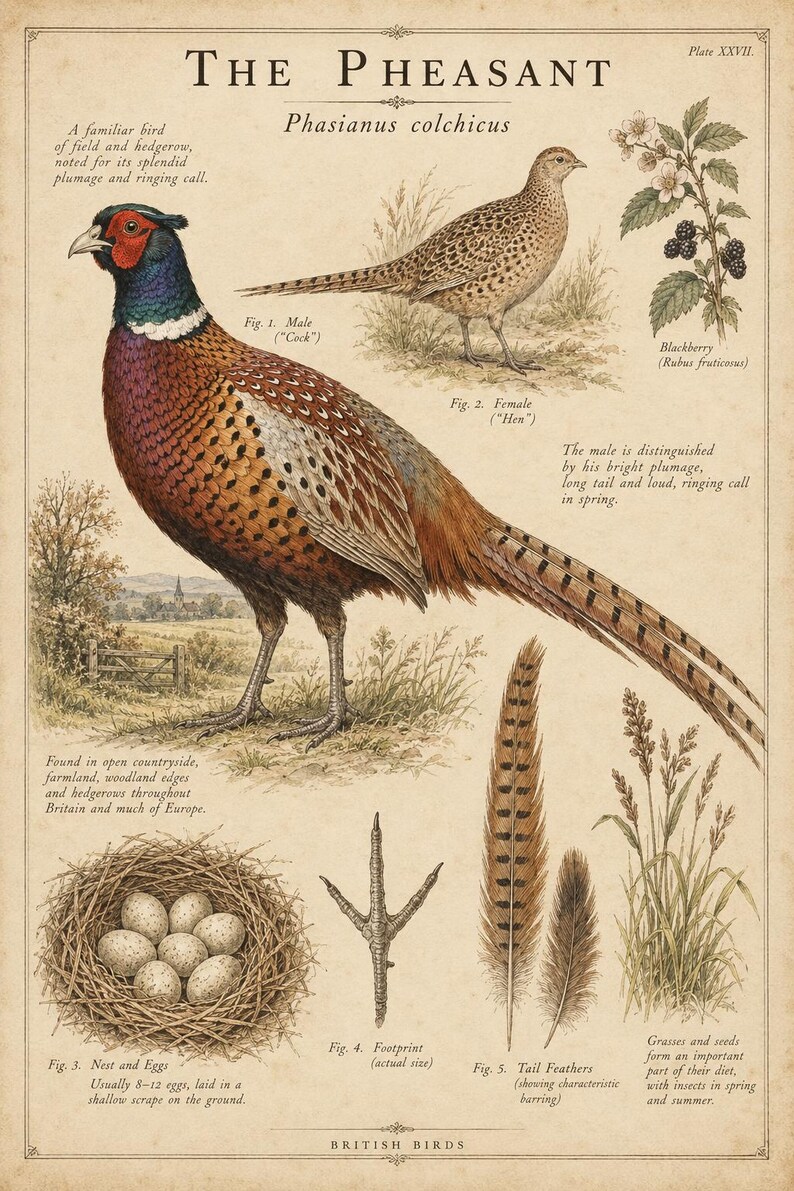 Op de afbeelding: Een educatieve print in vintage-stijl getiteld The Pheasant, Phasianus colchicus, met gedetailleerde illustraties van een mannelijke en vrouwelijke fazant, een nest met eieren, een voetafdruk, staartveren, braamstruiken en grassen met tekst.