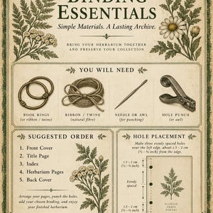 May include: A vintage-style instructional poster titled BINDING ESSENTIALS with botanical illustrations. It lists materials like book rings, twine, a needle, and a hole punch, plus a guide for hole placement measuring 0.5 to 0.75 inches from the edge.