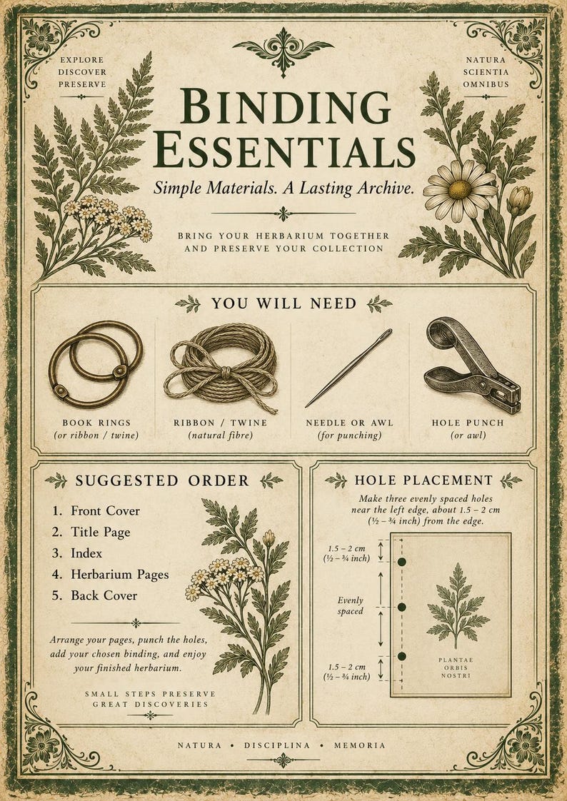 May include: A vintage-style instructional poster titled BINDING ESSENTIALS with botanical illustrations. It lists materials like book rings, twine, a needle, and a hole punch, plus a guide for hole placement measuring 0.5 to 0.75 inches from the edge.