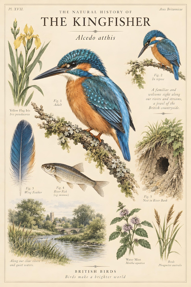 May include: A natural history poster titled The Natural History of The Kingfisher, Alcedo atthis. It features detailed illustrations of a kingfisher, a yellow flag iris, a wing feather, a river fish, a river bank nest, a river landscape, water mint, and reeds.