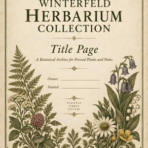 May include: A cream-colored herbarium title page featuring the text Winterfeld Herbarium Collection, A Botanical Archive for Pressed Plants and Notes, with detailed botanical illustrations of ferns, clover, daisies, and bellflowers.