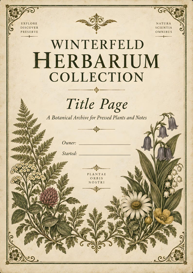 May include: A cream-colored herbarium title page featuring the text Winterfeld Herbarium Collection, A Botanical Archive for Pressed Plants and Notes, with detailed botanical illustrations of ferns, clover, daisies, and bellflowers.