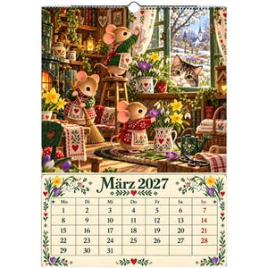 Mouse Cottage Calendar 2027 – A3 Wall Calendar with Mice & Cat, Whimsical Woodland Illustrations, German Calendar image 6