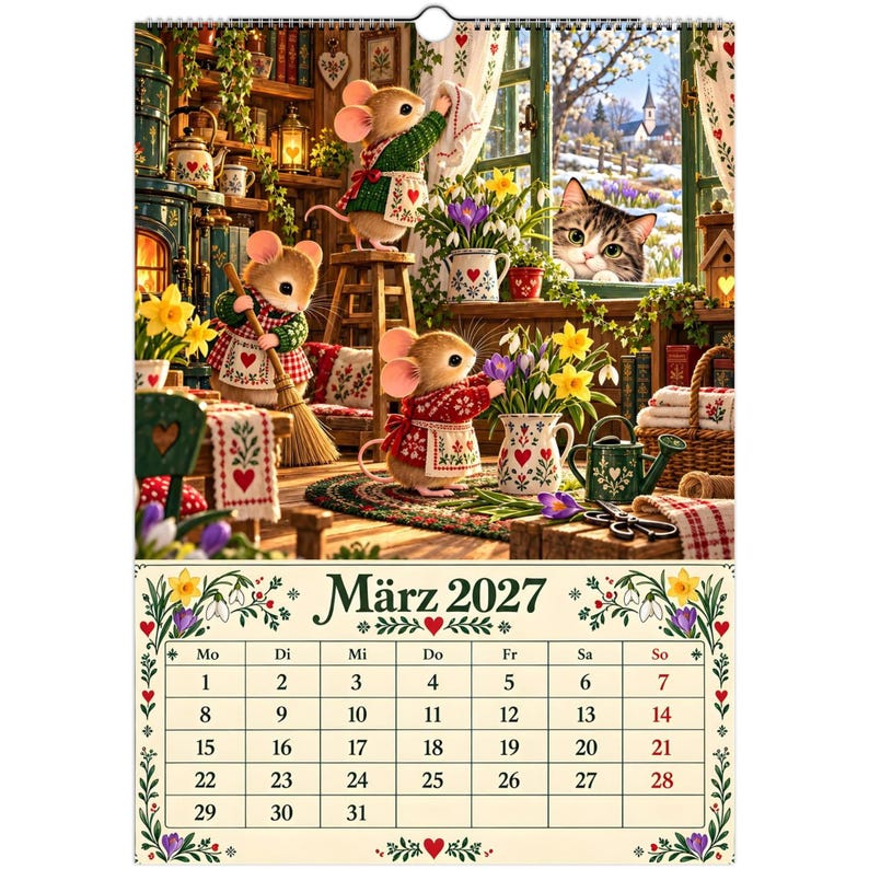 Mouse Cottage Calendar 2027 – A3 Wall Calendar with Mice & Cat, Whimsical Woodland Illustrations, German Calendar image 6