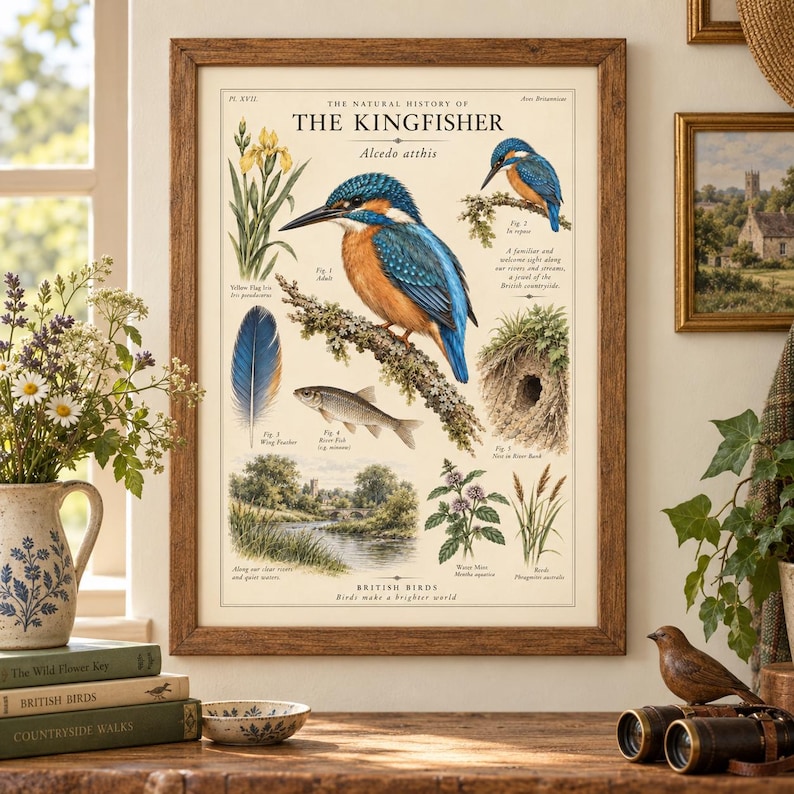 May include: A framed educational print titled The Natural History of The Kingfisher, featuring detailed illustrations of the bird, a fish, a feather, a nest, and plants. The text includes scientific names and descriptive labels on a cream background.