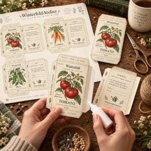 May include: A DIY paper seed packet craft kit featuring vintage-style botanical illustrations of tomatoes, carrots, and peas. The printed sheets include cut-and-fold templates labeled WinterfeldAtelier, with text like Plant, Grow, Be Happy.