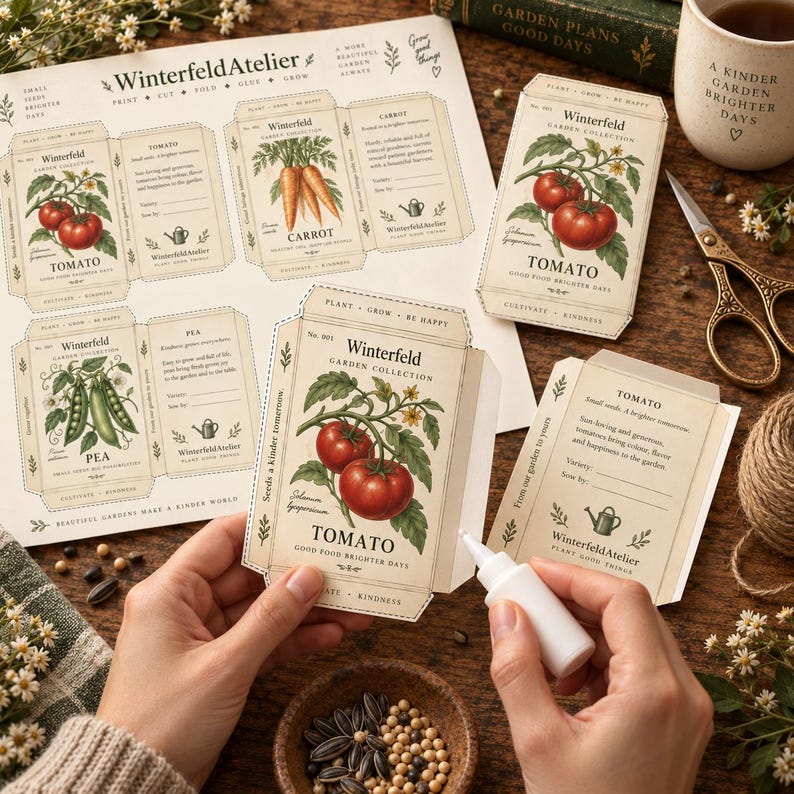 May include: A DIY paper seed packet craft kit featuring vintage-style botanical illustrations of tomatoes, carrots, and peas. The printed sheets include cut-and-fold templates labeled WinterfeldAtelier, with text like Plant, Grow, Be Happy.