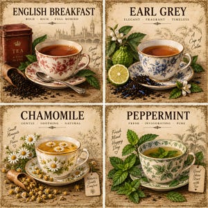 Vintage Tea Print Set, English Breakfast Earl Grey Chamomile Peppermint, Square Kitchen Wall Art, Tea Lover Gift, Digital Download