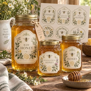Könnte beinhalten: Drei Gläser gefüllt mit goldenem Honig, jedes mit einem dekorativen Etikett mit Blumenillustrationen, Bienenmotiven und Wabenmustern. Ein kleines, mit Schnur befestigtes Schild trägt die Aufschrift Nature Sweeter Things.