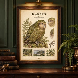 Puede incluir: Una l&aacute;mina educativa enmarcada titulada KAKAPO Strigops habroptilus que presenta una ilustraci&oacute;n de un gran loro verde, una vista de cerca de la cabeza, una pluma, una pata de ave y tres escenas m&aacute;s peque&ntilde;as que muestran su h&aacute;bitat, Nueva Zelanda y flora.