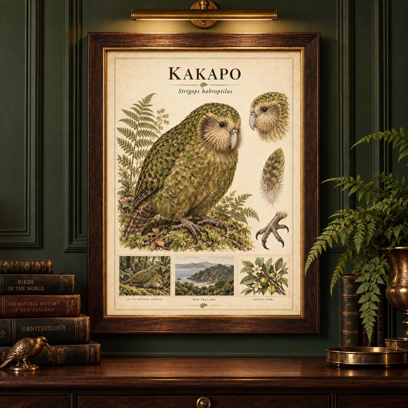 Puede incluir: Una l&aacute;mina educativa enmarcada titulada KAKAPO Strigops habroptilus que presenta una ilustraci&oacute;n de un gran loro verde, una vista de cerca de la cabeza, una pluma, una pata de ave y tres escenas m&aacute;s peque&ntilde;as que muestran su h&aacute;bitat, Nueva Zelanda y flora.