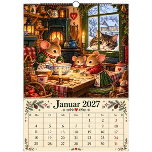 Mouse Cottage Calendar 2027 – A3 Wall Calendar with Mice & Cat, Whimsical Woodland Illustrations, German Calendar image 7